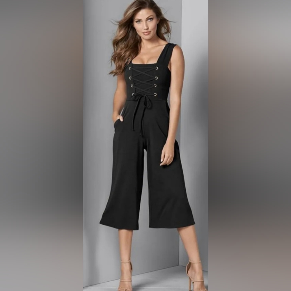 Venus, Black, Lace-Up Culotte Jumpsuit, Size 3X, NWOT